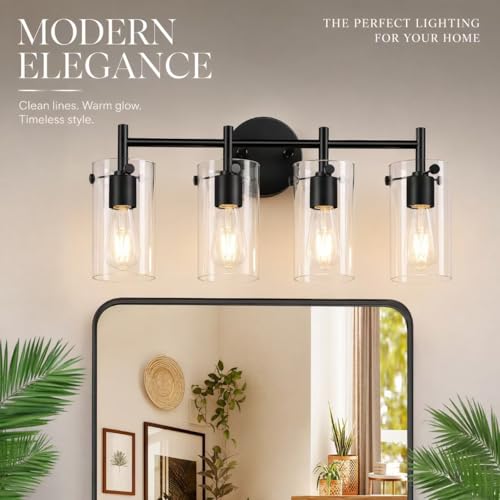 Matte Black 4 Light Bathroom Vanity Light Fixtures, Industrial Rust-Proof Bathroom Lights Over Mirror with Clear Glass Shade, Modern Wall Sconce Wall Mounted Damp Rated E26 Base