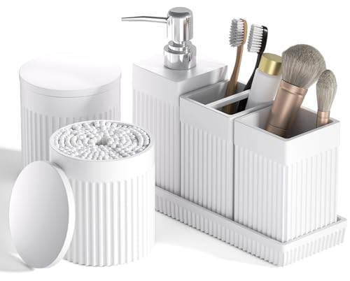 6-Piece White Bathroom Set - Modern Resin Bathroom Accessories Set with Soap Dispenser, Toothbrush Holder, Vanity Tray, Tumbler & Apothecary Jars for Small Spaces - color: White