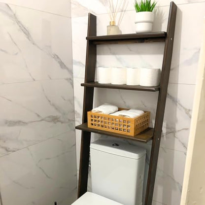 Over The Toilet Birch Wood Bathroom Organizer Shelves, 3-Tier Freestanding Above Toilet Storage Ladder Shelf, Standing Space Saver Behind Toilet Small Bathroom Organizer (Walnut) - color: Walnut