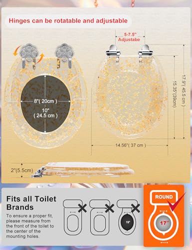 Angol Shiold ROUND Resin Soft Close Toilet Seat Gold Foil 16.5" | Quick Release Heavy Duty Acrylic Decorative Toilet Seats Easy to Install & Clean (Gold Foil) - color: Gold Foil