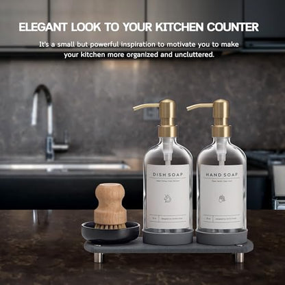 [Luxury] Kitchen Soap Dispenser Set - 16OZ Clear Glass Bottle, Stainless Steel Pump, Instant Dry Tray, Waterproof Labels, Non-Slip Silicone Pad, and Dish Brush | Upgrade for Your Kitchen and Bathroom - color: Transparent Bottle + Gold Pump