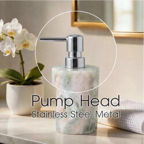 Natural Marble Soap Dispenser, Round Stone Hand Soap Pump for Bathroom & Kitchen Countertop, Rust-Proof Stainless Steel Pump, Heavy Duty Refillable Lotion Dispenser (1, Jade Blossom) - color: Jade Blossom