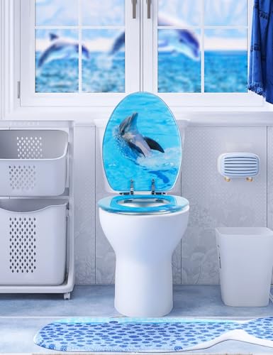 Angol Shiold ELONGATED Resin Soft Close Toilet Seat Dolphin 18.5Inch | Quick Release Heavy Duty Acrylic Decorative Toilet Seats Easy to Clean (Backstroke Dolphin) - color: Backstroke Dolphin