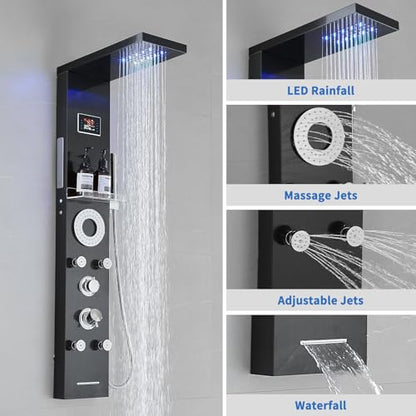 RUMOSE Matte Black Shower Panel Tower System, 5-Mode Shower Faucet Set | LED Light Rainfall Shower Head Digital Display with Massage Jets Tub Spout Shower Shelves, Stainless Steel, Wall Mount - color: Matte Black