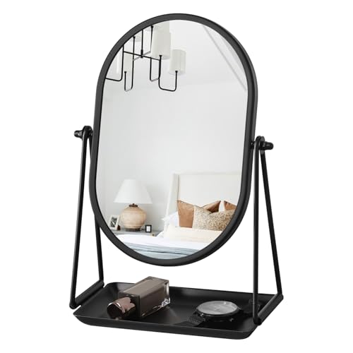 Desk Table Mirror with Stand Portable Vanity Tabletop Mirrors Black Metal Framed Oval Makeup Mirror 360°Adjust Rotate Cosmetic Mirrors Good for Office Bedroom Bathroom Dorm - color: Oval-black