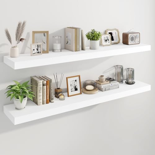 Marsmiles 55" Floating Shelves for Wall, Wooden Shelves with Invisible Brackets Set of 2, Rustic Farmhouse Wall Mounted Shelf for Kitchen Bathroom Living Room Study, White - color: White, size: 55"