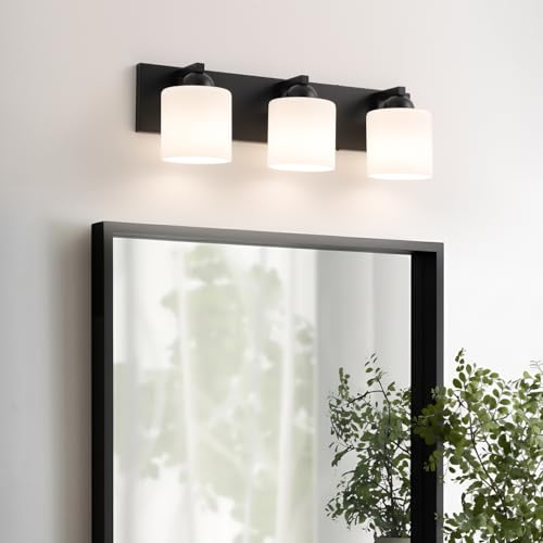 mirrea 3-Light Black Bathroom Vanity Light with White Glass Shades | Over Mirror,Wall Sconce,ETL listed,Bathroom Lighting Fixtures,Elegant Design,Milk White Glass Shade,Easy Installation - color: Black, size: 3-light