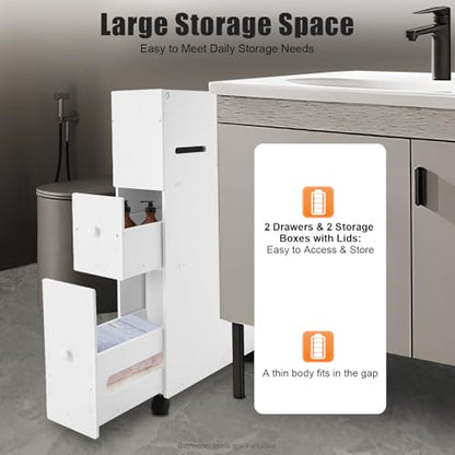 Narrow Bathroom Storage Cabinet with Wheels and Drawers, Slim Toilet Side Floor Cabinet, White Bathroom Organizer with Toilet Paper Holder for Small Spaces
