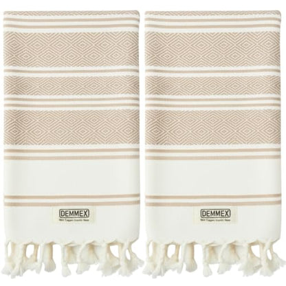 DEMMEX Organic Turkish Hand Towels for Bathroom – 100% Oeko-TEX Certified Turkish Cotton, Quick Dry, Lightweight Kitchen & Travel Towels, Diamond Weave, Large 18x36 Inches, Set of 2, Beige - color: Beige