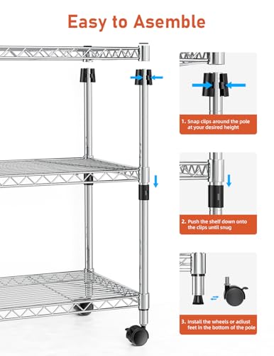 Simple Deluxe 3-Tier Heavy Duty Storage Shelves 750Lb Capacity, 24.02" D x 13.78" W x 29.92" H Adjustable Shelving Unit with Wheels, Chrome - color: Chrome, size: 3-Tier