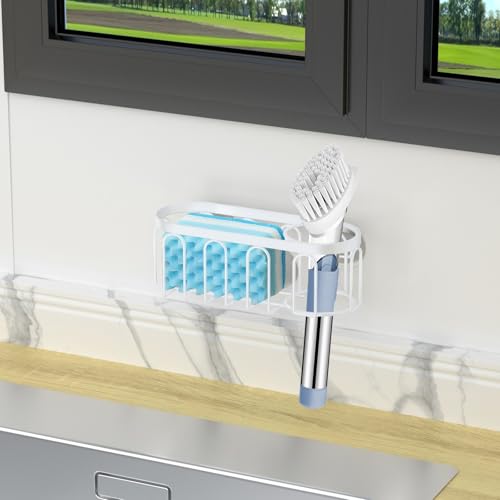 2-in-1 Sponge Holder for Kitchen Sink, Sink Caddy Kitchen Sink Organizer with 3 Suction Cups, No Drill Rustproof Sink Sponge Holder for Dish Brush, Soap & Sponge (White) - color: A Style-White