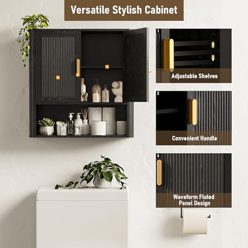 Bathroom Wall Cabinet, Wall-Mounted Medicine Cabinet with Adjustable Wood Shelf & Doors, Floating Bathroom Cabinet Over Toilet for Laundry Room & Kitchen & Living Room (Black) - color: Black