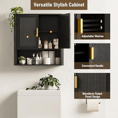 Bathroom Wall Cabinet, Wall-Mounted Medicine Cabinet with Adjustable Wood Shelf & Doors, Floating Bathroom Cabinet Over Toilet for Laundry Room & Kitchen & Living Room (Black) - color: Black