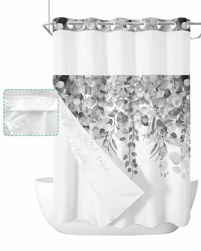 No Hook Shower Curtain and Snap in Liner Set, Gray Eucalyptus Fabric Bathroom Stall Shower Curtains 48x72, See Through Mesh Top Window, Spring Summer Botanical Floral Leaves Country Hotel Style - color: Grey, size: 48"W x 72"L (Pack of 1)