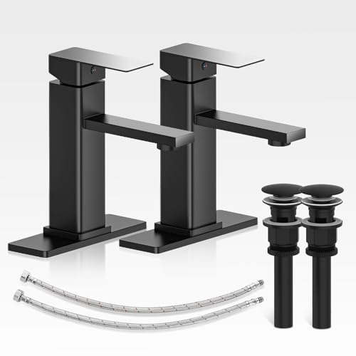 Bathroom Faucets Set with Pop Up Drain, Modern Single Handle Black Bathroom Sink Faucet w/Deck Plate(1 or 3 Hole), Farmhouse RV Vanity Sink Faucet-2 Sets, baño lavamanos Llave - color: 1.Matte Black, style: Short*2
