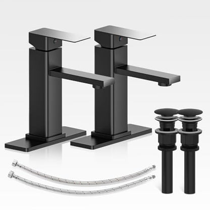 Bathroom Faucets Set with Pop Up Drain, Modern Single Handle Black Bathroom Sink Faucet w/Deck Plate(1 or 3 Hole), Farmhouse RV Vanity Sink Faucet-2 Sets, baño lavamanos Llave - color: 1.Matte Black, style: Short*2