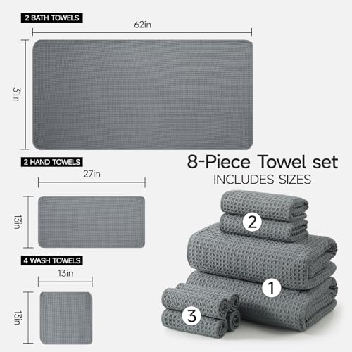 REDKISS Soft 8 Piece Waffle Towel Set, Microfiber, Lighter Weight, Absorbent, Quick Dry, Lint Free Bath Towels for Bathroom, Spa & Hotel – 2 Bath, 2 Hand, 4 Washcloths, Gray - color: Gray