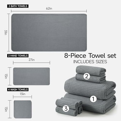 REDKISS Soft 8 Piece Waffle Towel Set, Microfiber, Lighter Weight, Absorbent, Quick Dry, Lint Free Bath Towels for Bathroom, Spa & Hotel – 2 Bath, 2 Hand, 4 Washcloths, Gray - color: Gray