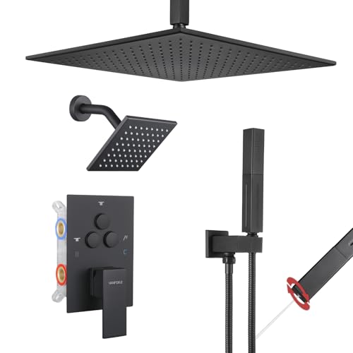 VANFOXLE Shower Faucet Set Matte Black Shower System, Push Button Diverter | 12 Inch Ceiling Mount Rain Head Increased Thick, 6 Inch Wall Mount Head, 2-in-1 Handheld Sprayer, Solid Brass Valve, Modern - color: Matte Black, style: 12"+6" Head
