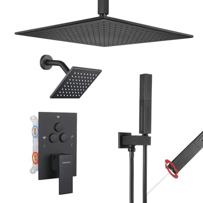 VANFOXLE Shower Faucet Set Matte Black Shower System, Push Button Diverter | 12 Inch Ceiling Mount Rain Head Increased Thick, 6 Inch Wall Mount Head, 2-in-1 Handheld Sprayer, Solid Brass Valve, Modern - color: Matte Black, style: 12"+6" Head