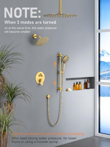 Woindo Shower Faucet Set with Slide Bar, 12" Rain Shower Head/8'' Side Shower Head and 10 Setting Handheld Ceiling Mount 3 Push Button Diverter Complete Rainfall Shower System Included Valve Trim Kit - color: Brushed Gold, style: 12"-R-Ceiling-02