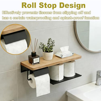 Toilet Paper Holder with Shelf - 2 Tier Wood Toilet Paper Holder Wall Mount for Bathroom, Rustic Natural Wood Double Toilet Paper Holder, Smart Bathroom Organizer with Shelf