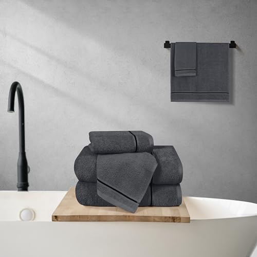 MyOwn Ultra Soft 6 Pack Cotton Towel Set, Contains 2 Bath Towels 28x55 inch, 2 Hand Towels 16x24 inch & 2 Wash Coths 12x12 inch, Ideal Everyday use, Compact & Lightweight - Charcoal Grey - color: Charcoal Grey, size: 6 Piece Set