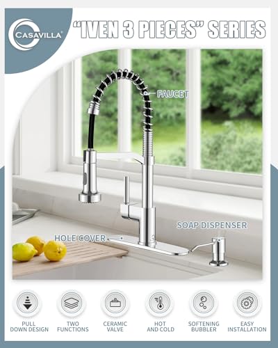 Chrome Kitchen Faucet with Soap Dispenser, Faucet for Kitchen Sink, Kitchen Sink Faucet with Deck Plate, RV Kitchen Faucet with Pull Down Sprayer and Dual Function Spray Head - color: D-Chrome Polished, style: Classic