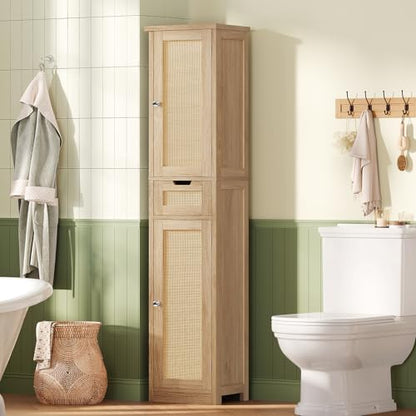 Iwell Tall Bathroom Cabinet, Slim Narrow Storage Cabinet with Adjustable Shelves, Rattan Cabinets with 1 Drawer, for Bathroom, Living Room, Entryway, Kitchen, Nature - color: Natural,1drawer