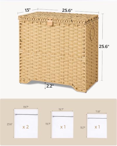130L Wicker Laundry Hamper with Lid, 3-Section Laundry Basket | 3 Removable Liner Bags; 4 Included Mesh Laundry Bags; Handwoven PP Wicker; Reinforced Steel Frame - color: Natural