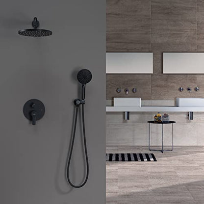 Iriber Shower System Wall Mounted Shower Faucet Mixer Set with Luxury High Pressure Shower head and 3-Setting Handheld, Bathroom Shower Trim Kit Contain Pressure Balance Valve, Matte black - color: Matte Black
