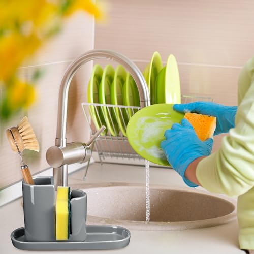 3 in 1 Ceramic Kitchen Sink Caddy Dish Sponge Holder Scrub Brush Holder and Soap Tray for Kitchen Organizer Rustic Farmhouse Supplies (Gray) - color: Gray