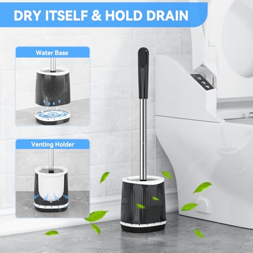 TRENTI Toilet Brush and Holder Set - Bristles Bowl Brush Head with Ventilated Holder, Wall Mounted Compact Set for Bathroom Deep Cleaning - color: Black
