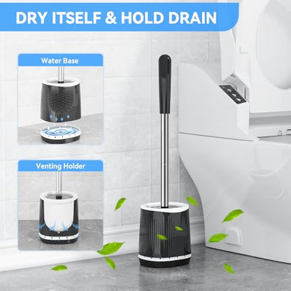TRENTI Toilet Brush and Holder Set - Bristles Bowl Brush Head with Ventilated Holder, Wall Mounted Compact Set for Bathroom Deep Cleaning - color: Black
