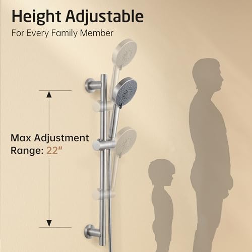 KES Adjustable Shower Head with Slide Bar, 5-Function Handheld Sliding Shower Head with Extra Long Hose Wall Mount Brushed Finish, F204-BS-C1 - color: Brushed Grey