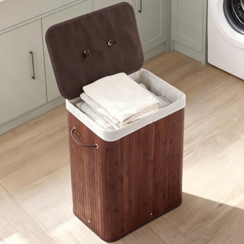 GarveeHome Folding Bamboo Laundry Hamper with Lid, 28 Gal /106L Wooden Laundry Basket with Washable Liner Bag, Slim Clothes Storage Hamper for Small Bedrooms Apartments Dorms, Brown - color: Brown - Rectangle