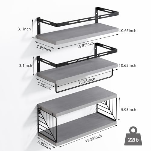 Fixwal Wall Mounted Bathroom Shelves Over Toilet (3+1 Gray) | Wall Shelf with Basket Storage , Towel Bar, Solid Wood, 22Lb Capacity, Easy DIY Install - color: 2-gray