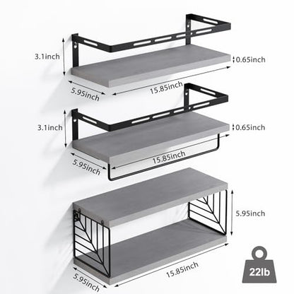 Fixwal Wall Mounted Bathroom Shelves Over Toilet (3+1 Gray) | Wall Shelf with Basket Storage , Towel Bar, Solid Wood, 22Lb Capacity, Easy DIY Install - color: 2-gray