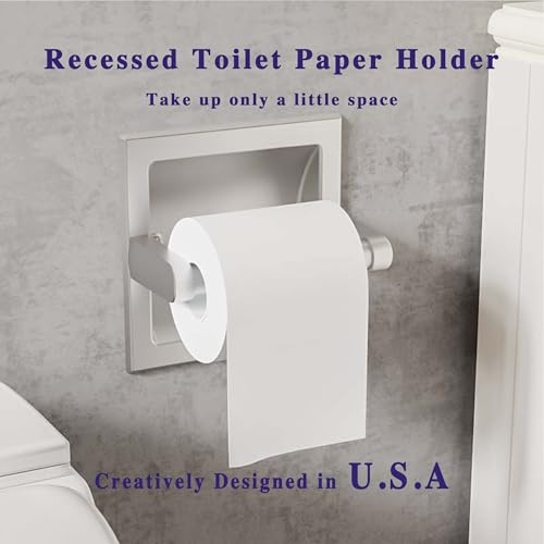 Recessed Toilet Paper Holder Wall Mount Brushed Nickel | 304 Stainless Steel Post Pivoting Design Easy to Change Roll, in Wall Toilet Paper Holder for Mega Roll for Bathroom - color: Brushed Nickel