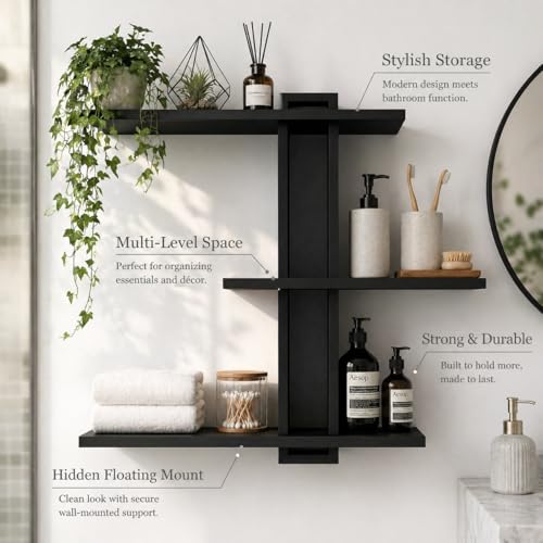 Black Floating Shelves for Bathroom, 3 Tier Pine Wood Wall Mounted Shelf, 20 Inch Large Wall Mounted Shelf for Towels, Toiletries, Plants, Photos, Home Decor