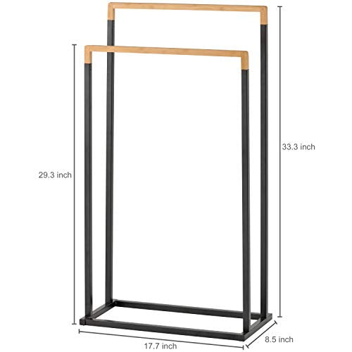 MyGift 33 Inch Free Standing Towel Rack for Bathroom, Freestanding Bath Towel Holder with 2 Tier Bamboo Wood Bar and Black Chrome Plated Metal, Drying Rack Stand Laundry - size: 2 Tiers