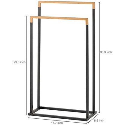 MyGift 33 Inch Free Standing Towel Rack for Bathroom, Freestanding Bath Towel Holder with 2 Tier Bamboo Wood Bar and Black Chrome Plated Metal, Drying Rack Stand Laundry - size: 2 Tiers