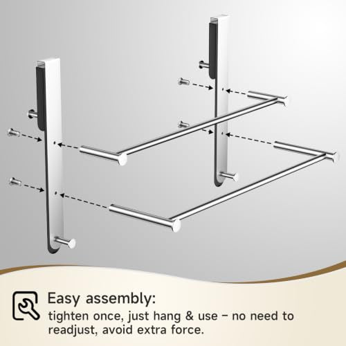 Frameless Glass Door Shower Towel Rack, Double Bar, 8 Hooks, Silver Steel | Drill-free Bathroom Towel Rack with Silent Scratch-free Pads, Ample Storage, Heavy Duty, Waterproof, Rustproof & Easy Setup