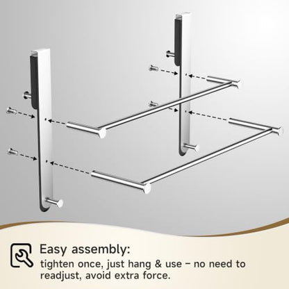 Frameless Glass Door Shower Towel Rack, Double Bar, 8 Hooks, Silver Steel | Drill-free Bathroom Towel Rack with Silent Scratch-free Pads, Ample Storage, Heavy Duty, Waterproof, Rustproof & Easy Setup