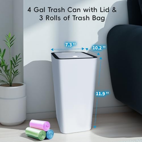 Lysam 4 Gallon Trash Can 3 Packs, Bedroom Trash Can with Lid & Trash Bags | Small Garbage Can Press-Top for Dog Proof, Oder Seal, Waste Basket for Office, Living Room, Bathroom White & Grey & Pink - color: Pink & White & Grey