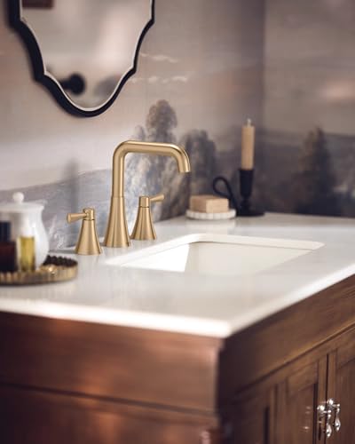 Moen Ronan Bronzed Gold Two-Handle Widespread Modern Double Bend Bathroom Faucet, Valve Included, 84026BZG - color: Bronzed Gold, style: 2-Handle Widespread