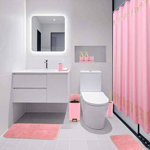 XLHOMO Bathroom Sets with Shower Curtain and Rugs Bathroom Accessories Set Pink Bathroom Set,Shower Curtain Set with Stainless Steel Trash Can - size: Pink, style: Bath Set+Shower Curtain+Bath Rugs
