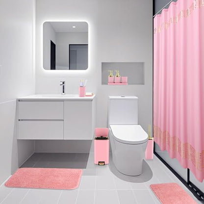 XLHOMO Bathroom Sets with Shower Curtain and Rugs Bathroom Accessories Set Pink Bathroom Set,Shower Curtain Set with Stainless Steel Trash Can - size: Pink, style: Bath Set+Shower Curtain+Bath Rugs