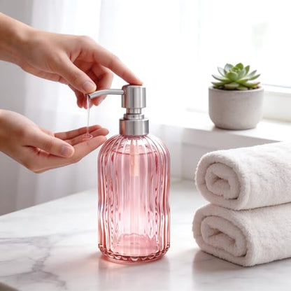 16 OZ Pink Glass Soap Dispenser Glass Soap Dispenser,Clear Pink Stripe Bathroom Hand Soap Dispensers with Stainless Steel Pump, Pink Kitchen Hand Soap Dispenser with Brushed Nickel Pump - color: Pink+brushed Nickel Pump, size: 1-Pack