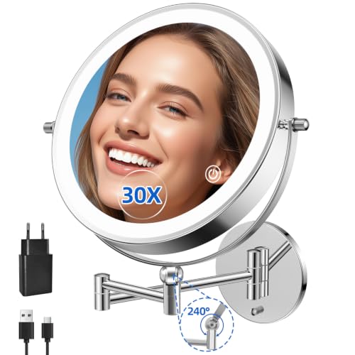 9"Wall Mounted Makeup Mirror with Lights,5000mAh Rechargeable 1X/30X | Lighted Magnifying Mirror,Double Sided Wall Mirror for bathroom,3Color Lighting,Touch Dimming, Extended Arm 360 Rotation - color: Chrome